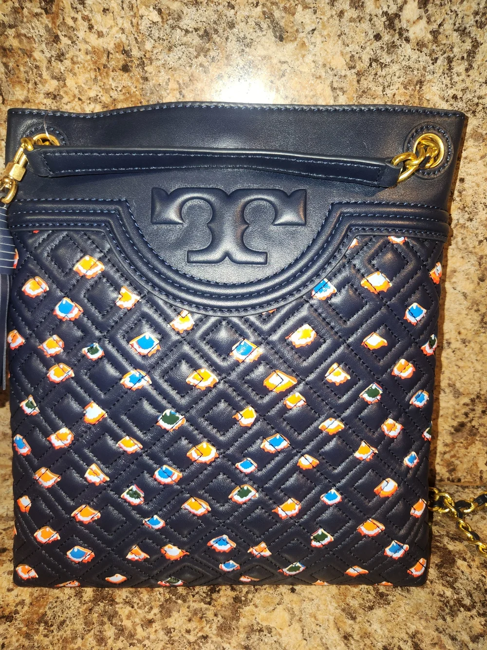 Tory Burch Navy Quilted Leather Crossbody with Multicolor Embroidered Accents